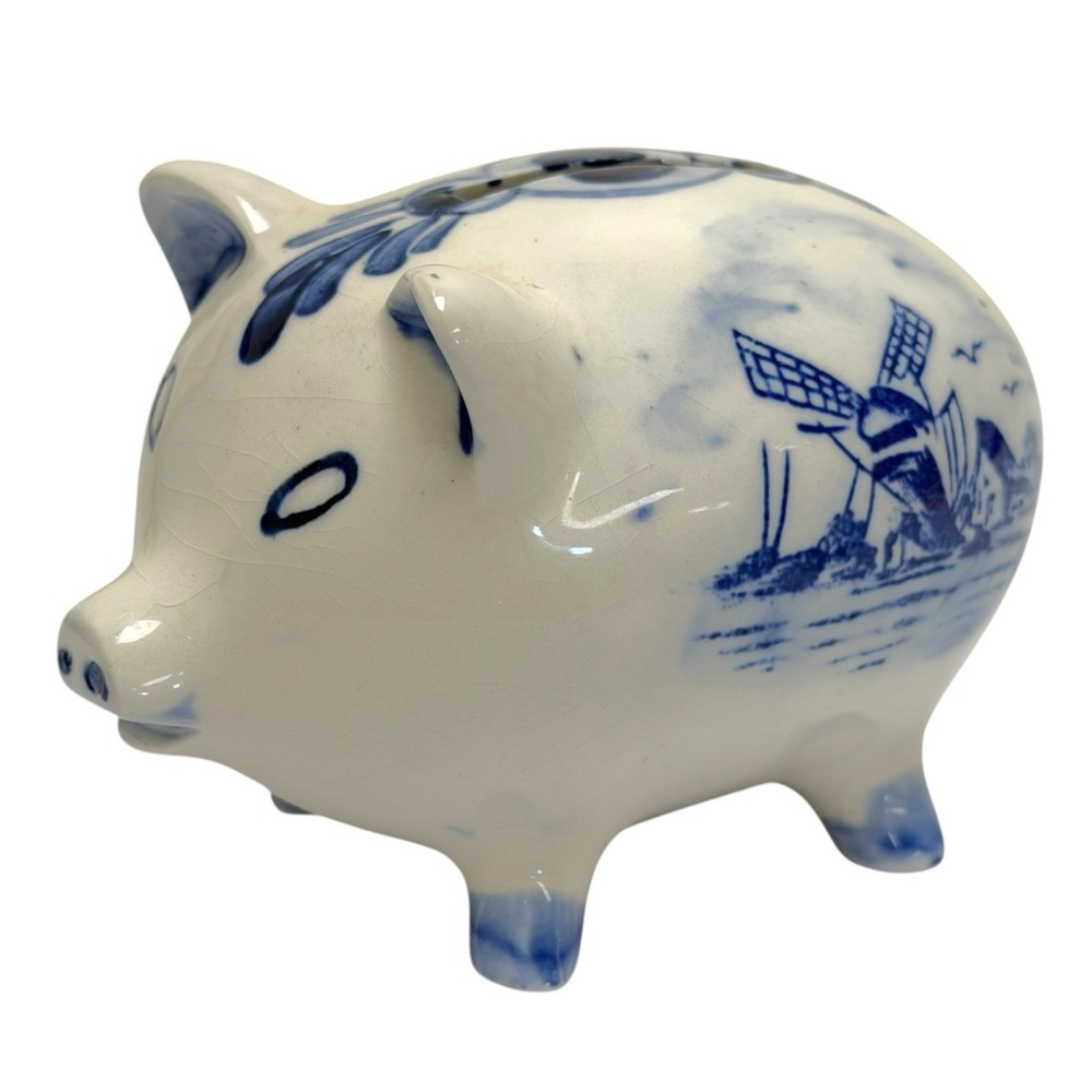Vintage Hand-painted Delft Blue Pig Piggy Bank Blue White Windmill Floral Design